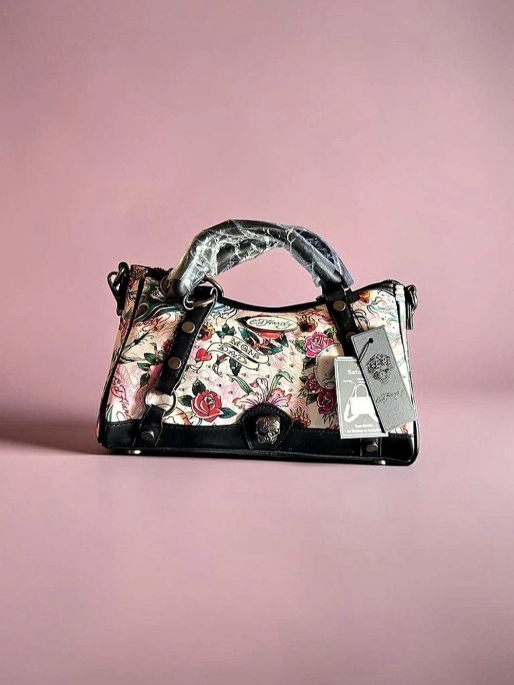Ed Hardy Tattoo Print Satchel Handbag in Pink & Black NWT